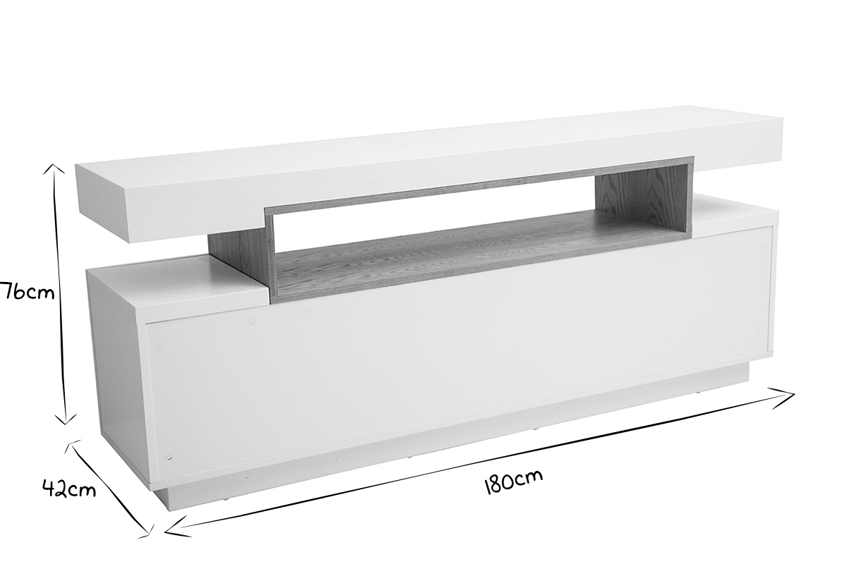 Buffet scandinave blanc laqu brillant et bois 4 portes L180 cm LIVO