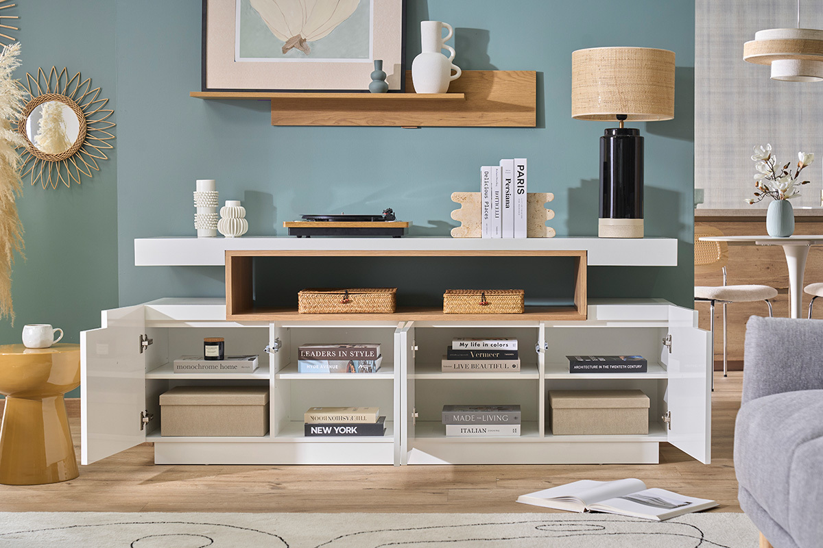 Buffet scandinave blanc laqu� brillant et bois 4 portes L180 cm LIVO