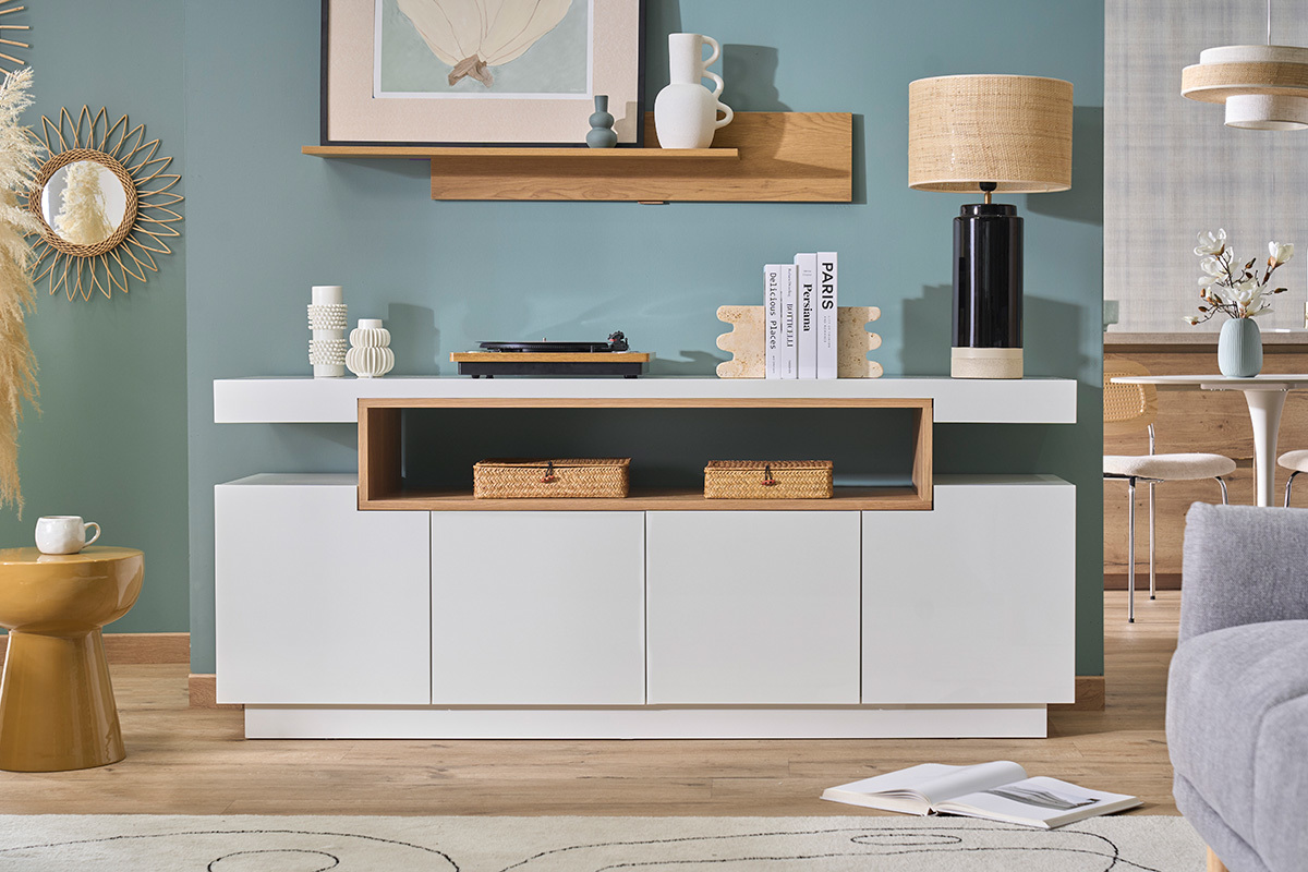Buffet scandinave blanc laqu� brillant et bois 4 portes L180 cm LIVO