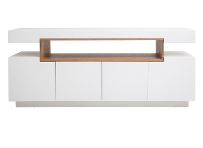 Buffet scandinave blanc laqué brillant et bois 4 portes L180 cm LIVO