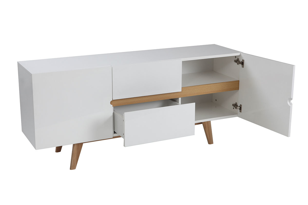 Buffet scandinave blanc laqu� brillant et finition bois clair 2 portes 2 tiroirs L160 cm MELKA