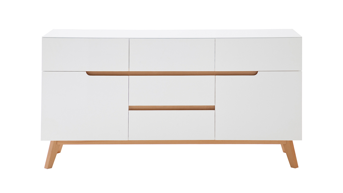 Buffet scandinave blanc mat et bois clair 2 portes 5 tiroirs L145 cm SKIVE