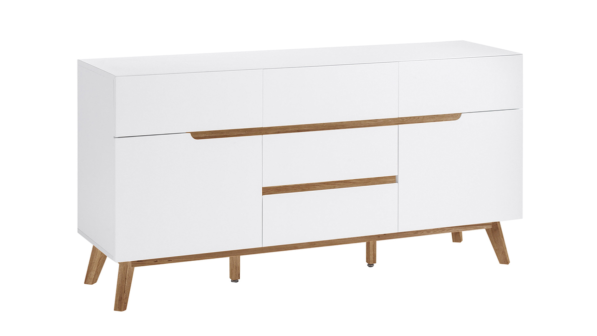 Buffet scandinave blanc mat et bois clair 2 portes 5 tiroirs L145 cm SKIVE