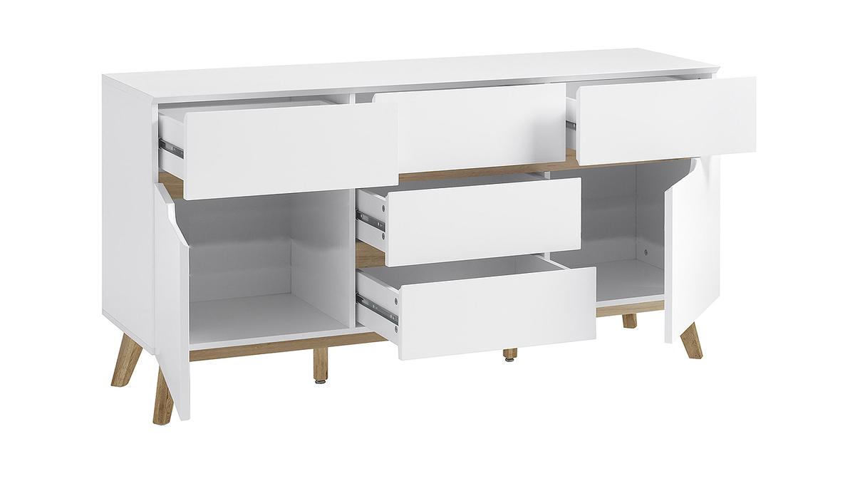 Buffet scandinave blanc mat et bois clair 2 portes 5 tiroirs L145 cm SKIVE