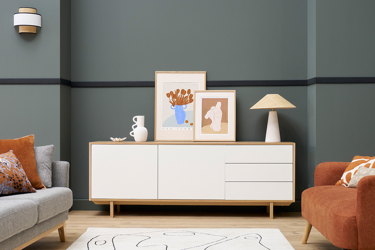 Buffet scandinave bois et blanc 2 portes 3 tiroirs L195cm SID