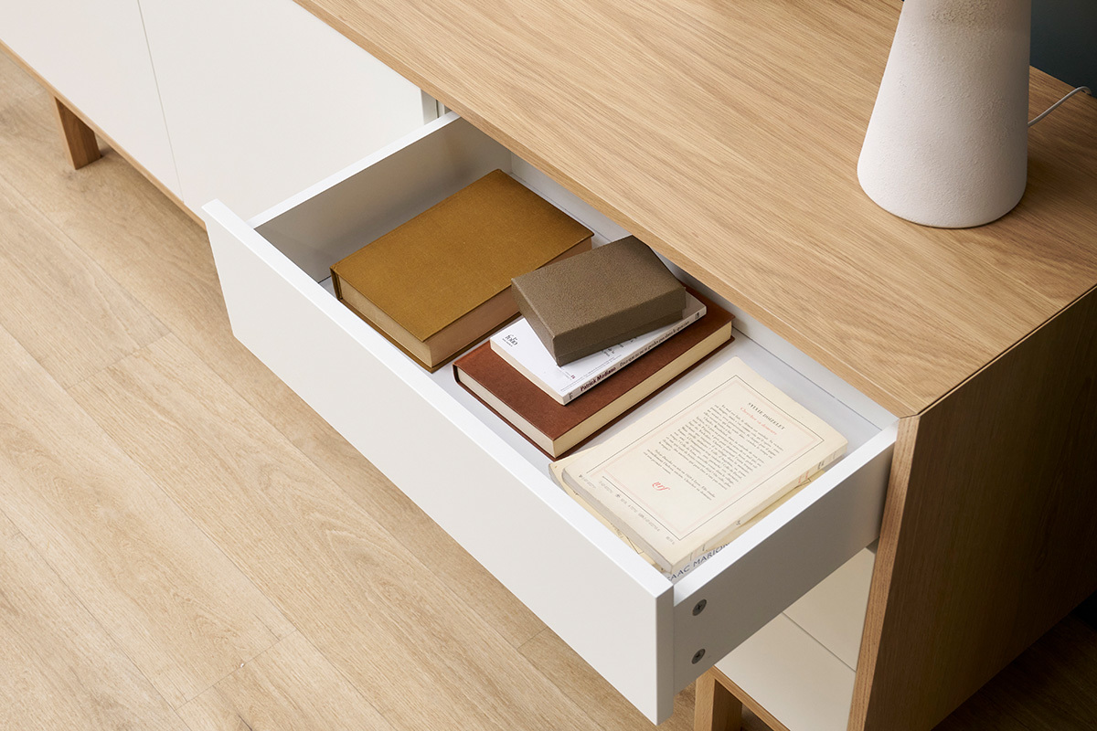 Buffet scandinave bois et blanc 2 portes 3 tiroirs L195cm SID