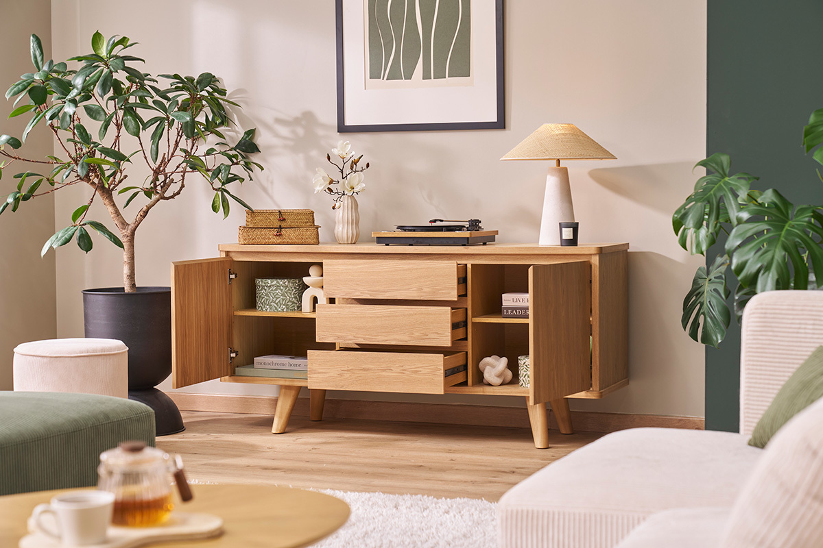 Buffet scandinave en bois clair 2 portes 3 tiroirs L160 cm FIFTIES