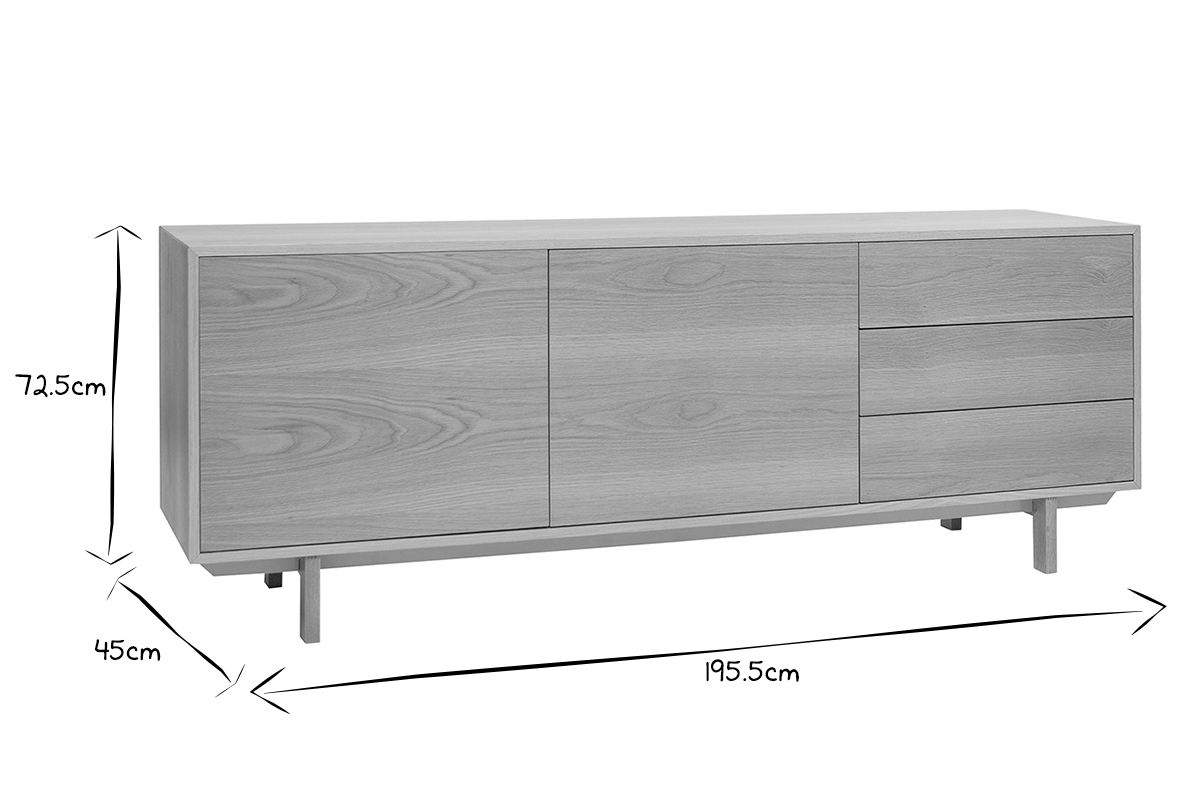 Buffet scandinave en bois clair 2 portes 3 tiroirs L195cm SID