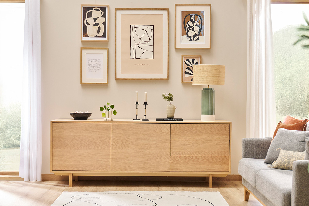 Buffet scandinave en bois clair 2 portes 3 tiroirs L195cm SID