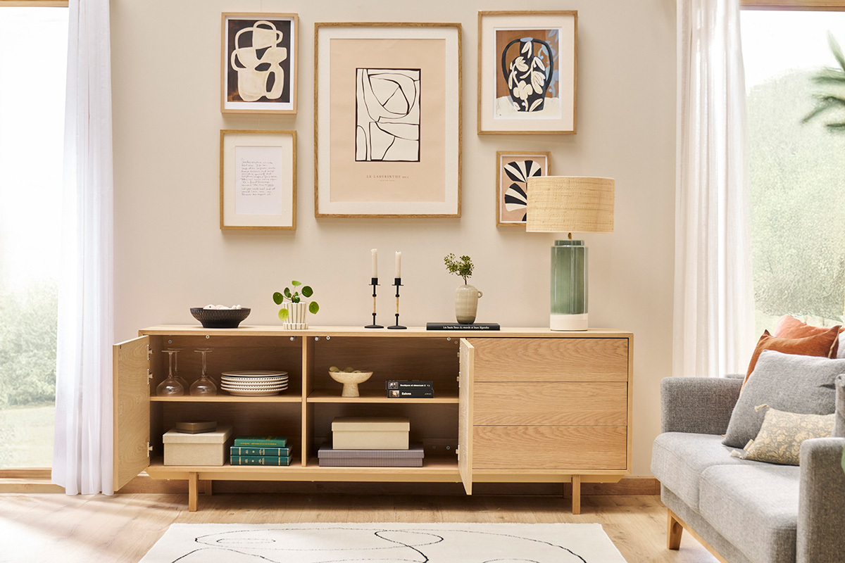 Buffet scandinave en bois clair 2 portes 3 tiroirs L195cm SID