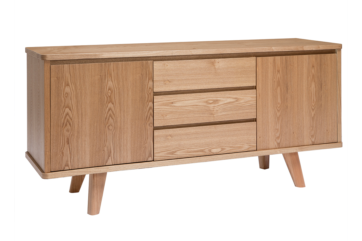 Buffet scandinave en bois clair fr�ne 2 portes 3 tiroirs L160 cm FIFTIES