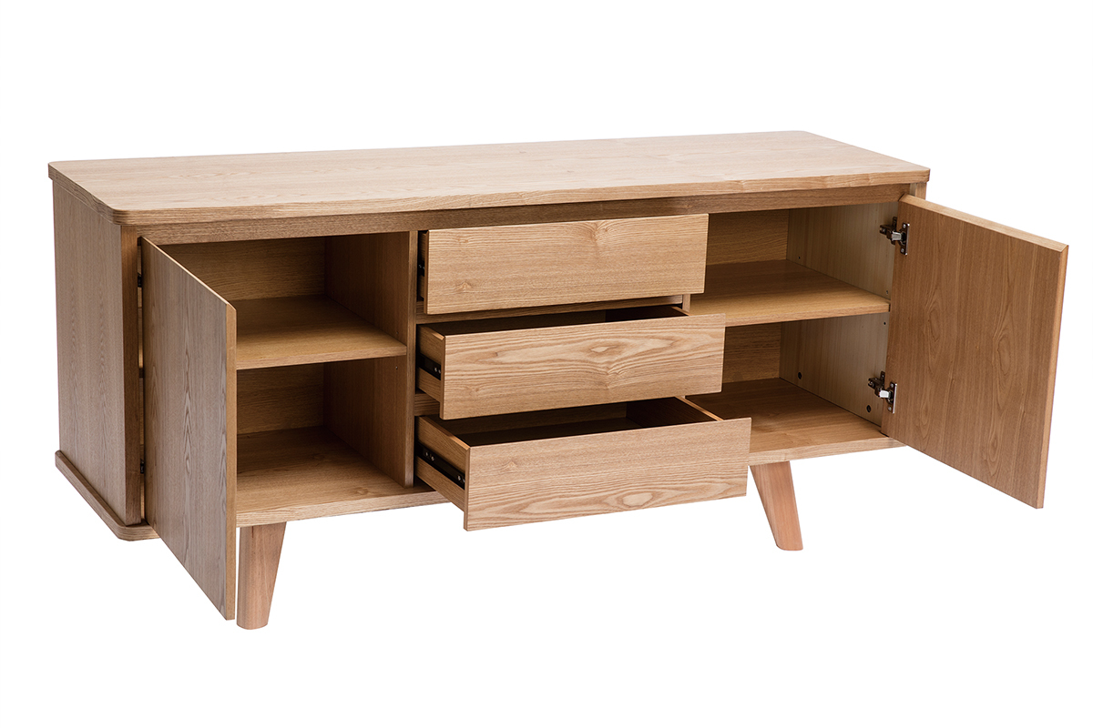 Buffet scandinave en bois clair fr�ne 2 portes 3 tiroirs L160 cm FIFTIES