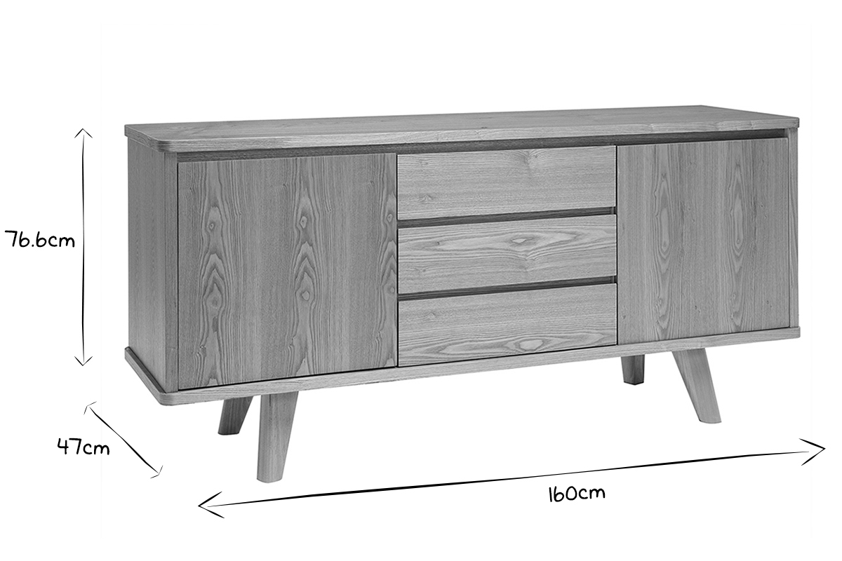 Buffet scandinave en bois clair fr�ne 2 portes 3 tiroirs L160 cm FIFTIES