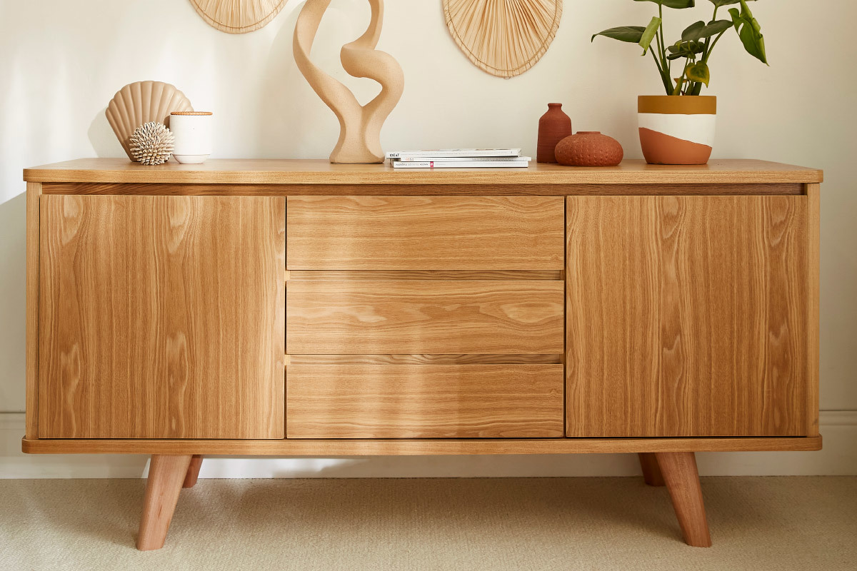 Buffet scandinave en bois clair fr�ne 2 portes 3 tiroirs L160 cm FIFTIES