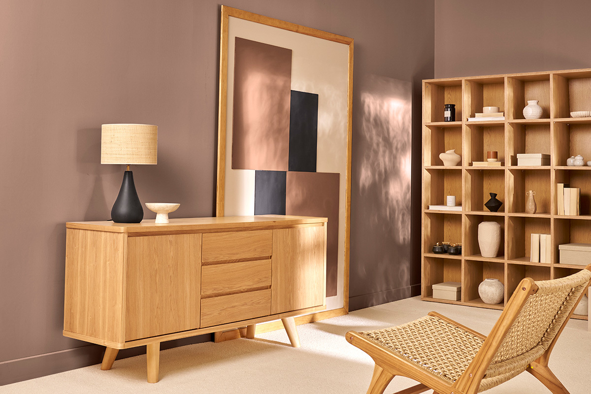Buffet scandinave en bois clair fr�ne 2 portes 3 tiroirs L160 cm FIFTIES