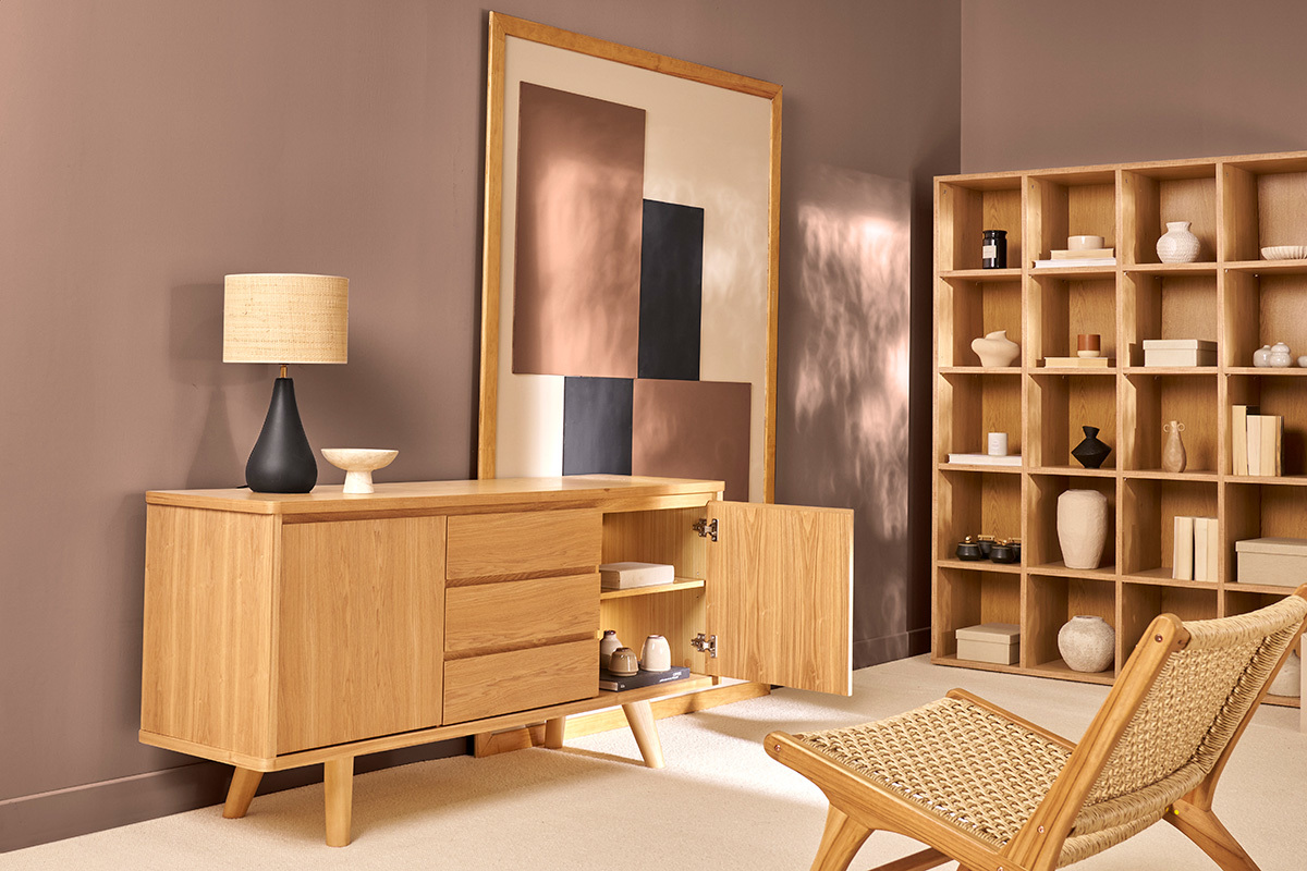 Buffet scandinave en bois clair fr�ne 2 portes 3 tiroirs L160 cm FIFTIES