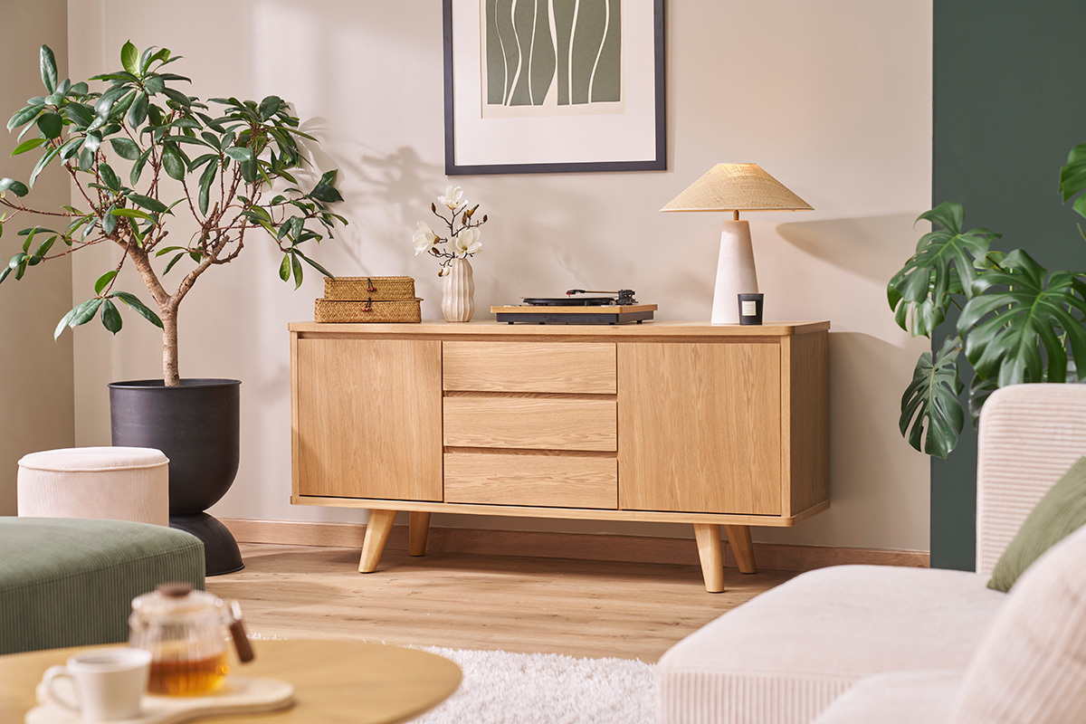 Buffet scandinave en bois clair fr�ne 2 portes 3 tiroirs L160 cm FIFTIES
