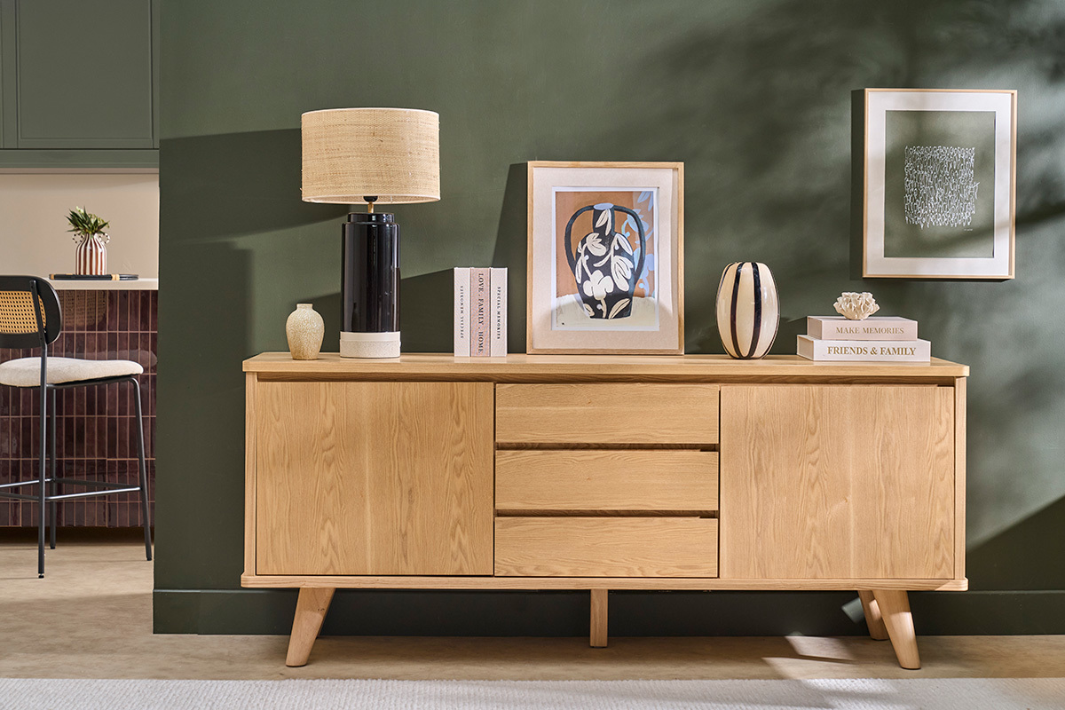 Buffet scandinave en bois clair fr�ne 2 portes 3 tiroirs L180 cm FIFTIES