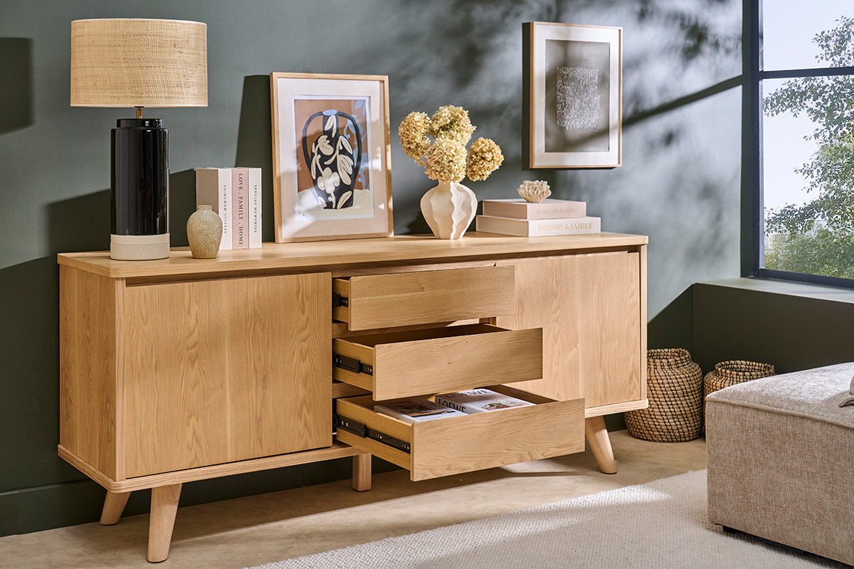 Buffet scandinave en bois clair fr�ne 2 portes 3 tiroirs L180 cm FIFTIES