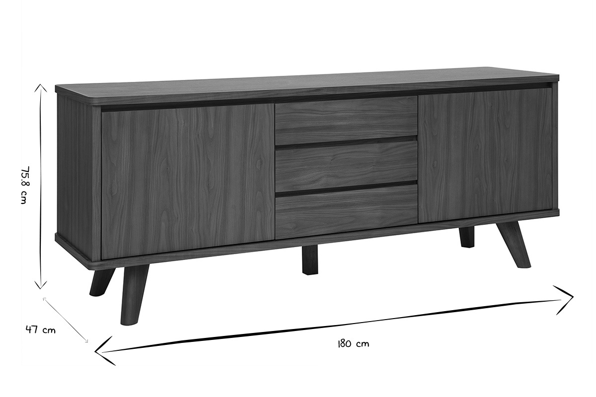 Buffet scandinave en bois fonc� noyer 2 portes 3 tiroirs L180 cm FIFTIES