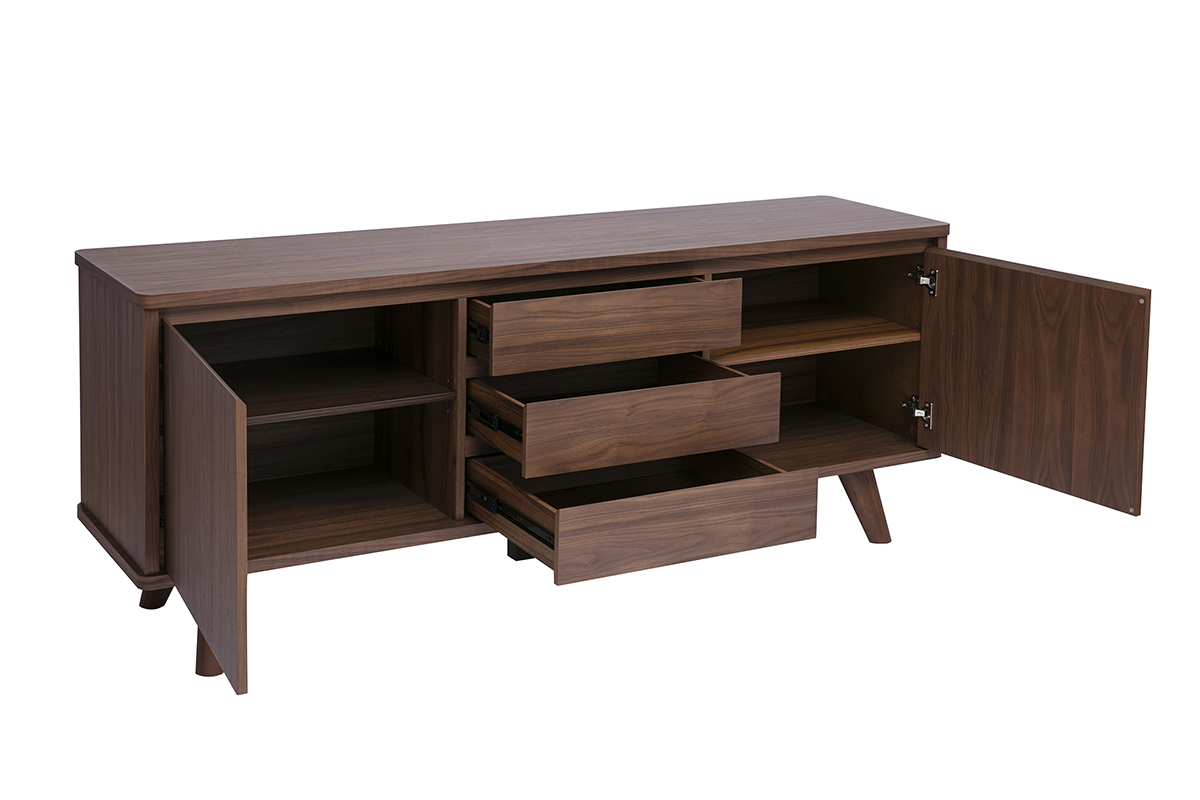 Buffet scandinave en bois fonc� noyer 2 portes 3 tiroirs L180 cm FIFTIES
