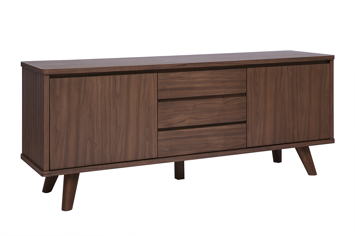Buffet scandinave en bois fonc� noyer 2 portes 3 tiroirs L180 cm FIFTIES