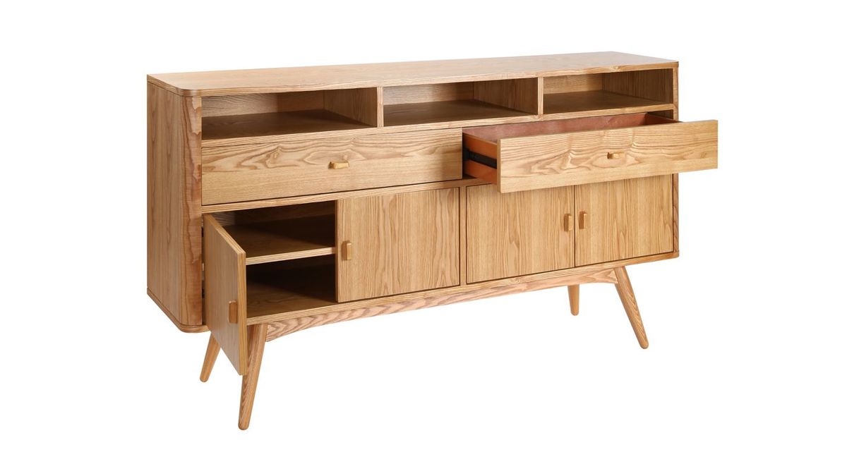 Buffet vintage en bois clair 4 portes 2 tiroirs L160 cm NORDECO