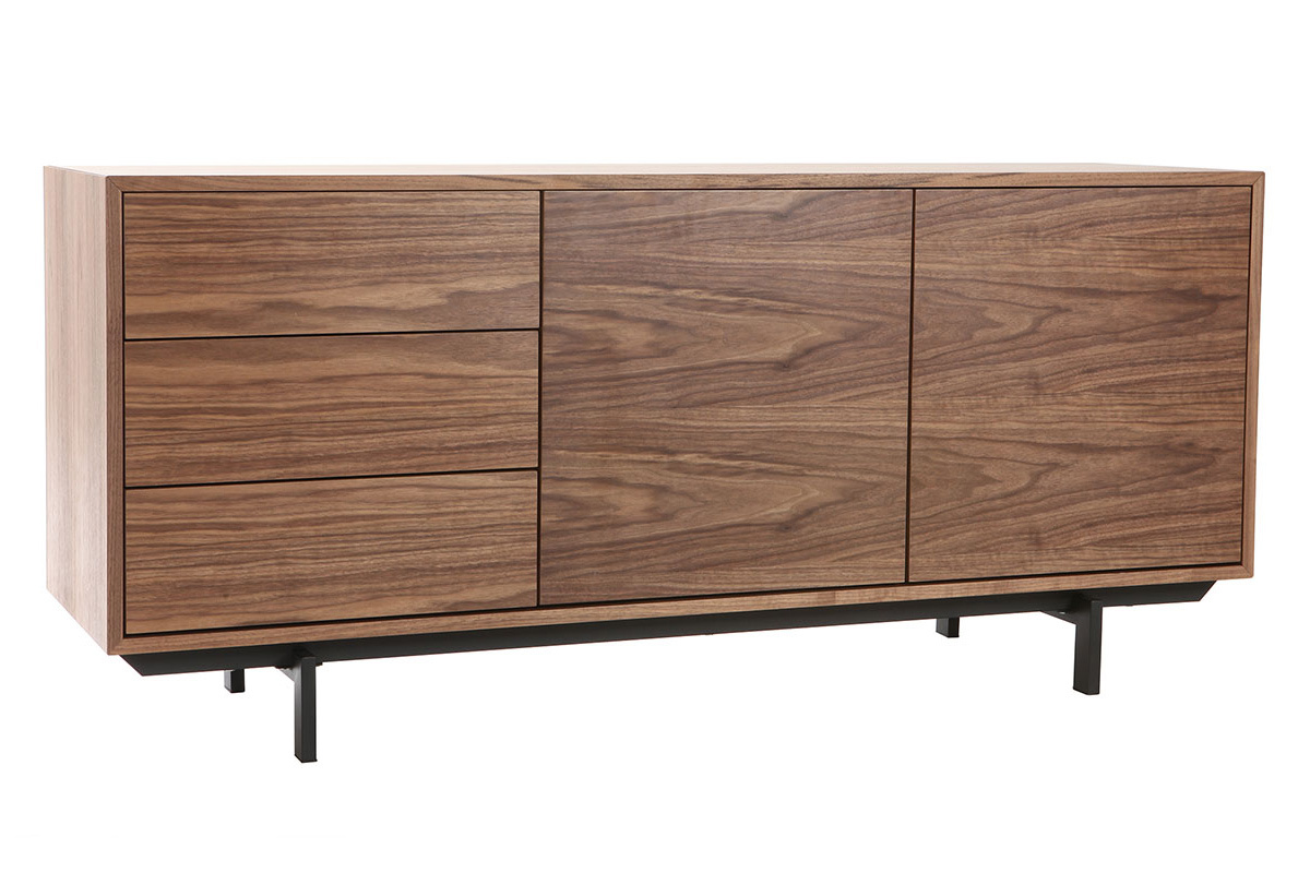 Buffet vintage en bois fonc noyer 2 portes 3 tiroirs L160 cm MANNY