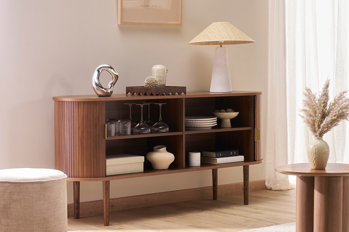 Buffet vintage en bois fonc noyer 2 portes coulissantes L160 cm EPIC