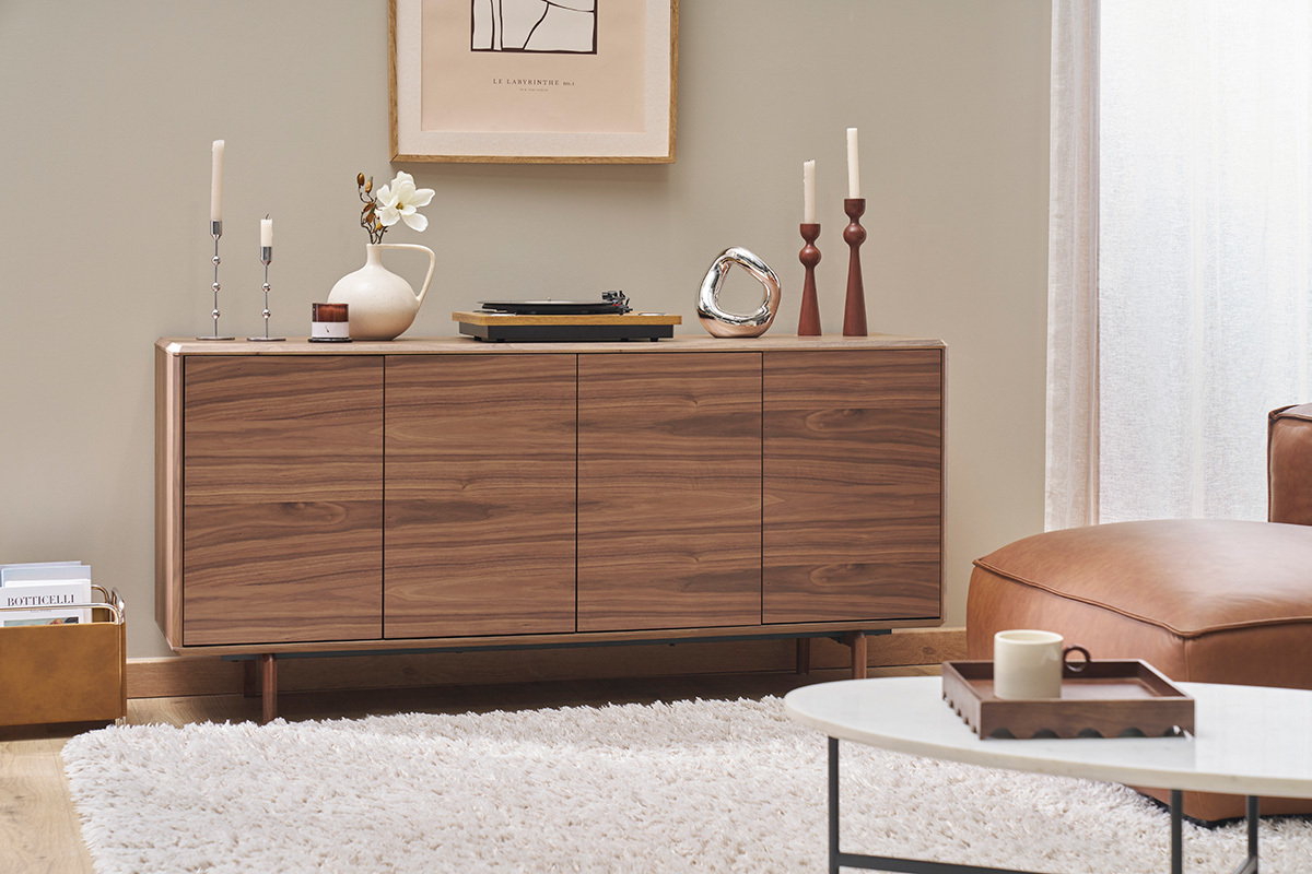 Buffet vintage en bois fonc� noyer 4 portes L160 cm SUVA