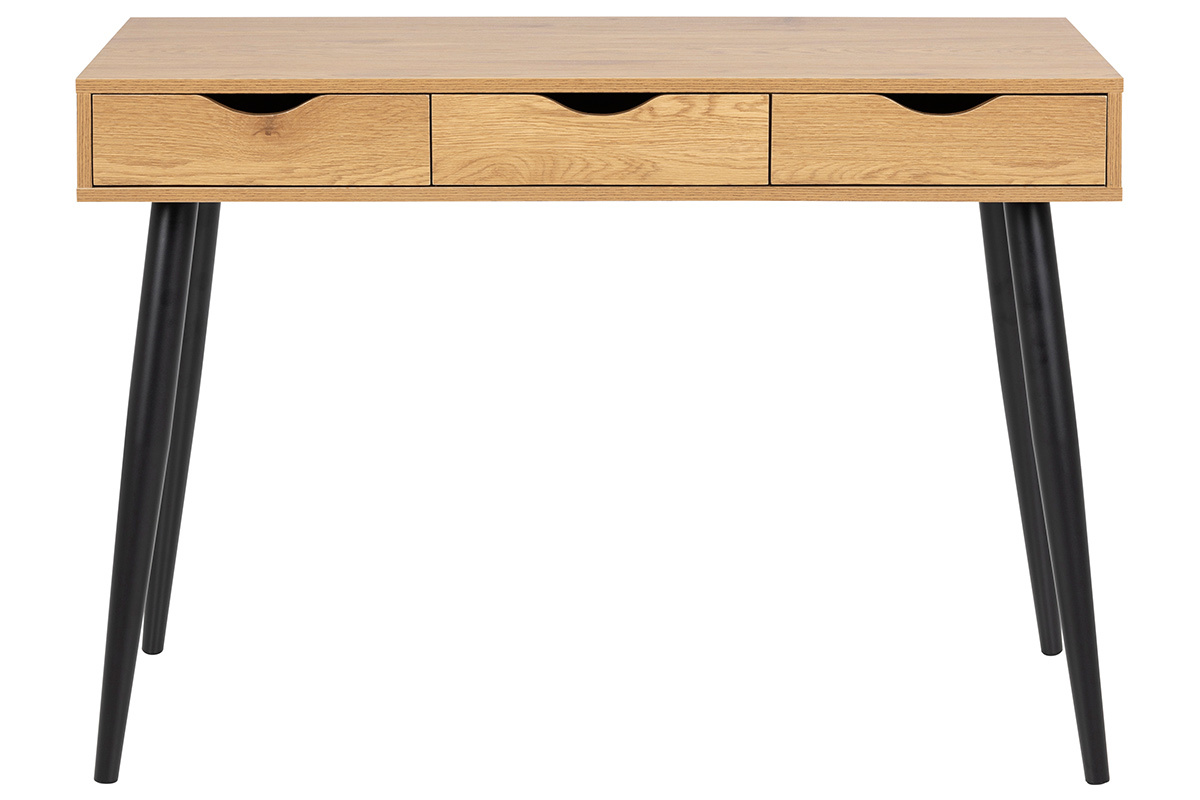 Bureau � rangements 3 tiroirs industriel bois clair ch�ne et m�tal noir L110 cm BALZAC