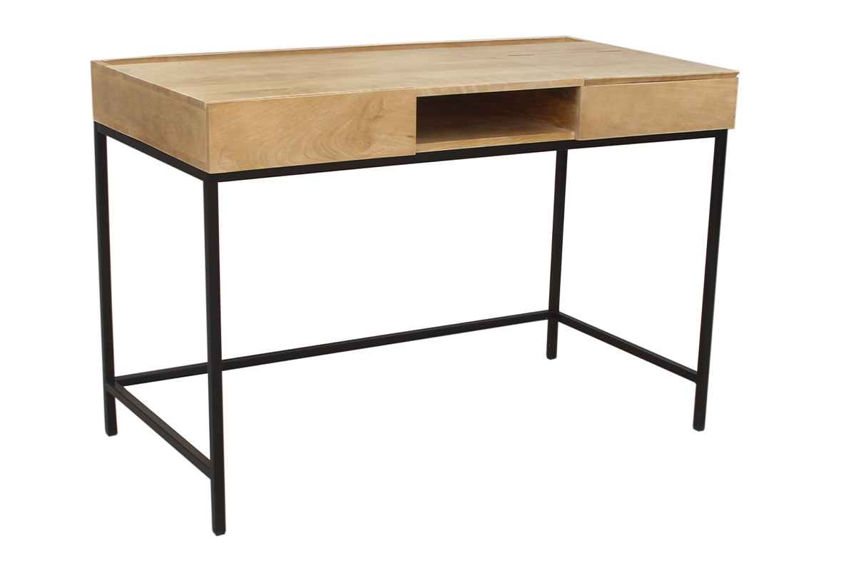 Bureau  rangements industriel bois manguier massif et mtal noir L118 cm YPSTER