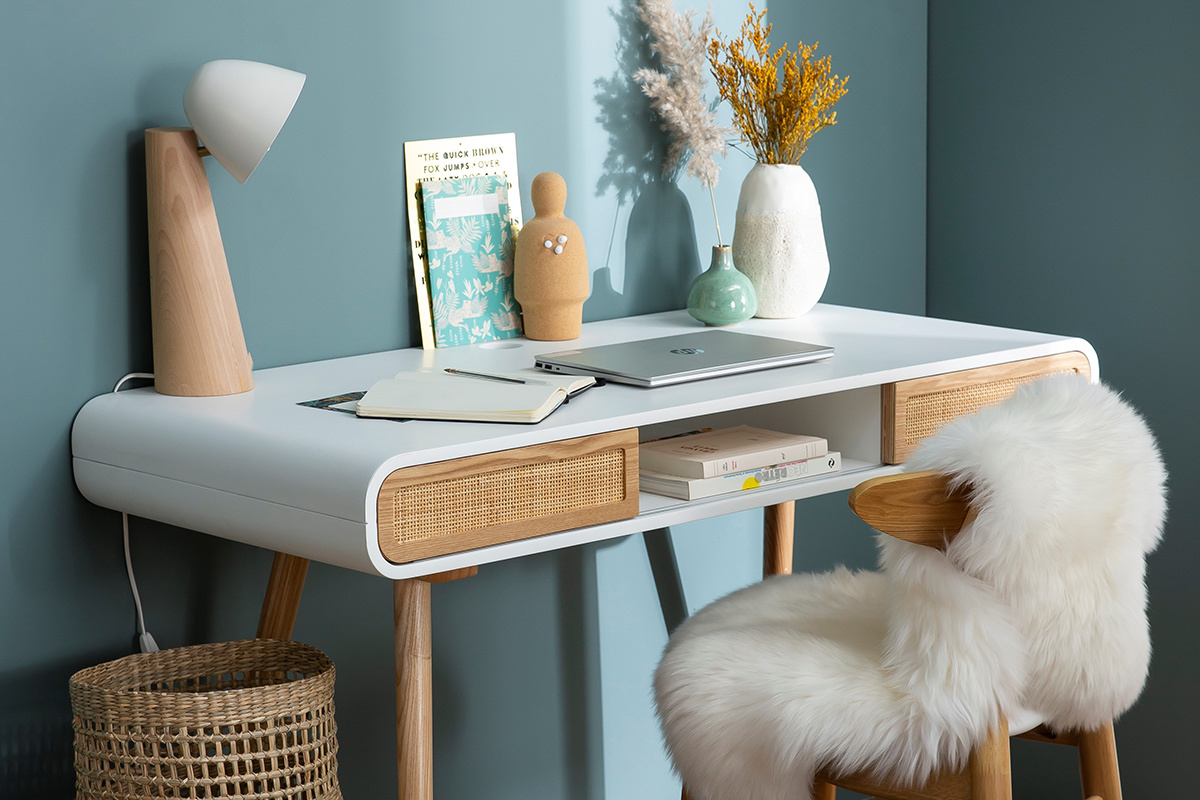 Bureau avec rangement vintage blanc, cannage et bois clair L120 cm OLYMPE