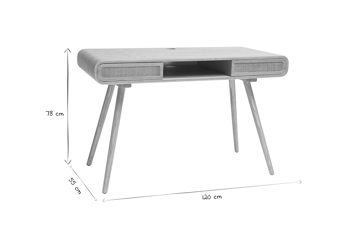 Bureau avec rangement vintage en bois clair et cannage L120 cm OLYMPE