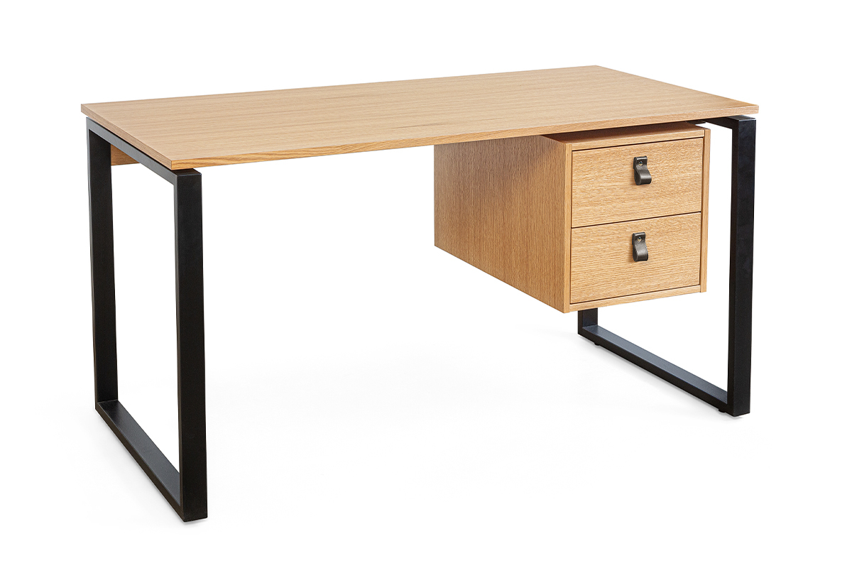 Bureau avec rangements 2 tiroirs bois clair chne et mtal noir L138 cm OPAL
