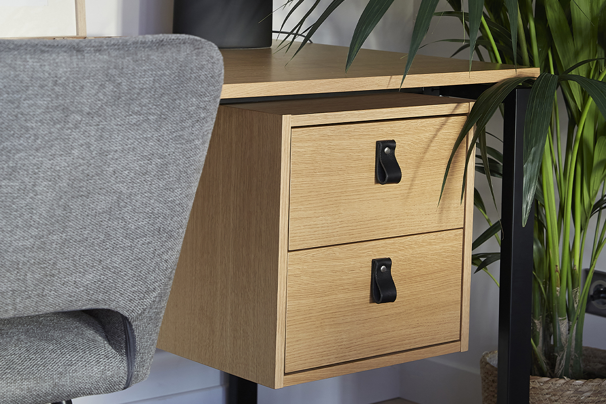 Bureau avec rangements 2 tiroirs bois clair chne et mtal noir L138 cm OPAL