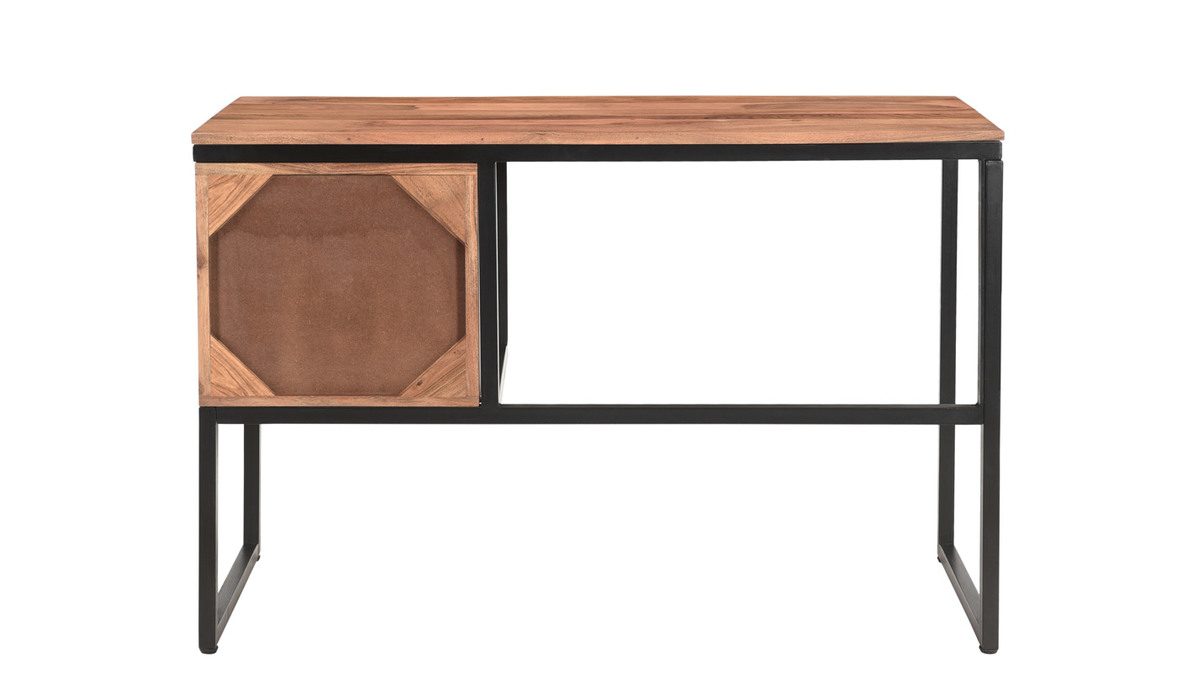 Bureau avec rangements 2 tiroirs industriel en bois massif et mtal noir L115 cm HOORN