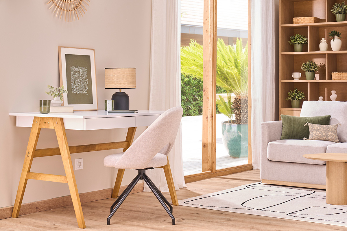 Bureau avec rangements 2 tiroirs scandinave blanc et bois clair chne L120 cm BROOK