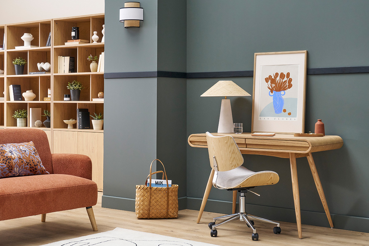 Bureau avec rangements 2 tiroirs scandinave bois clair L120 cm BJORG
