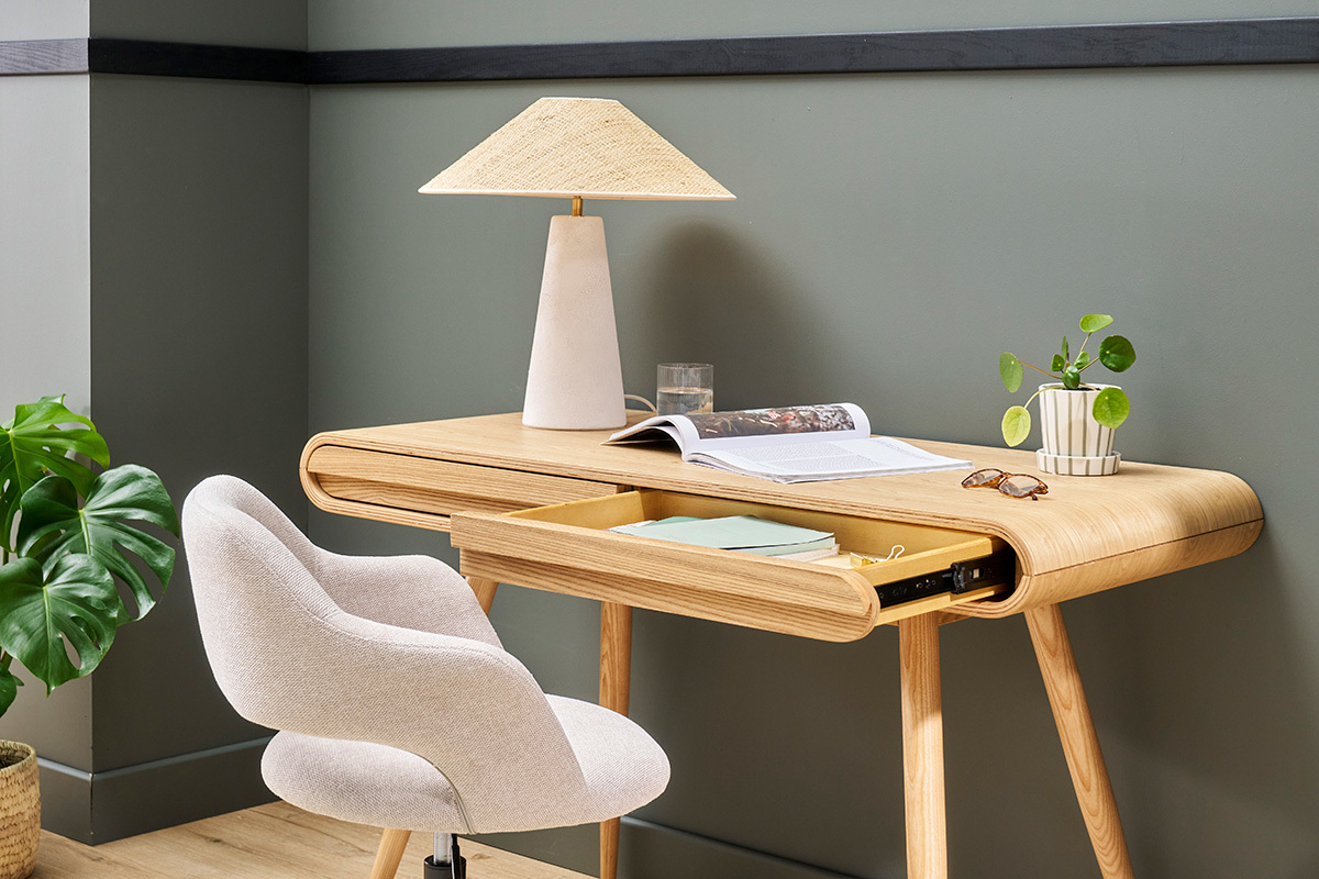 Bureau avec rangements 2 tiroirs scandinave bois clair L120 cm BJORG