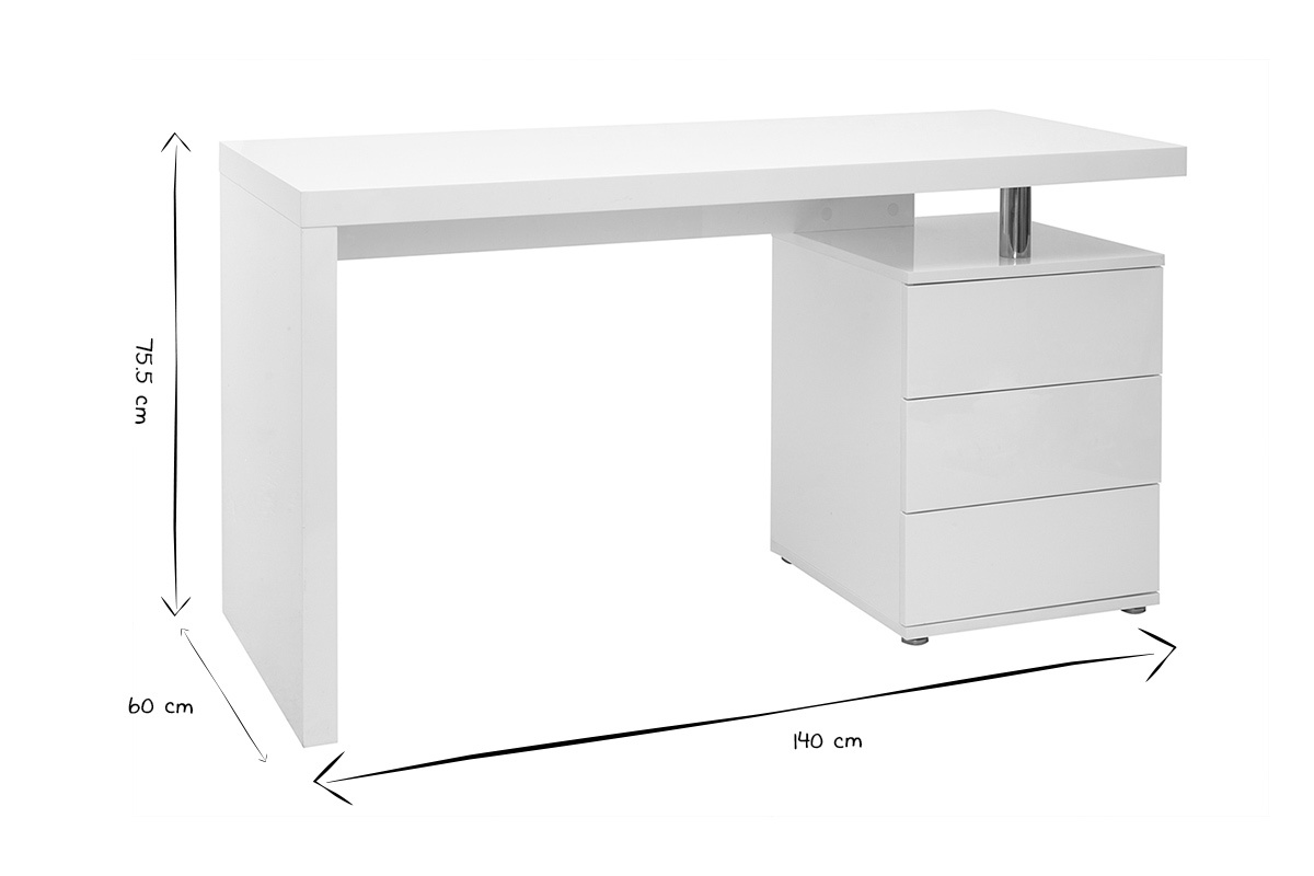 Bureau avec rangements 3 tiroirs design blanc laqu brillant L140 cm CALIX