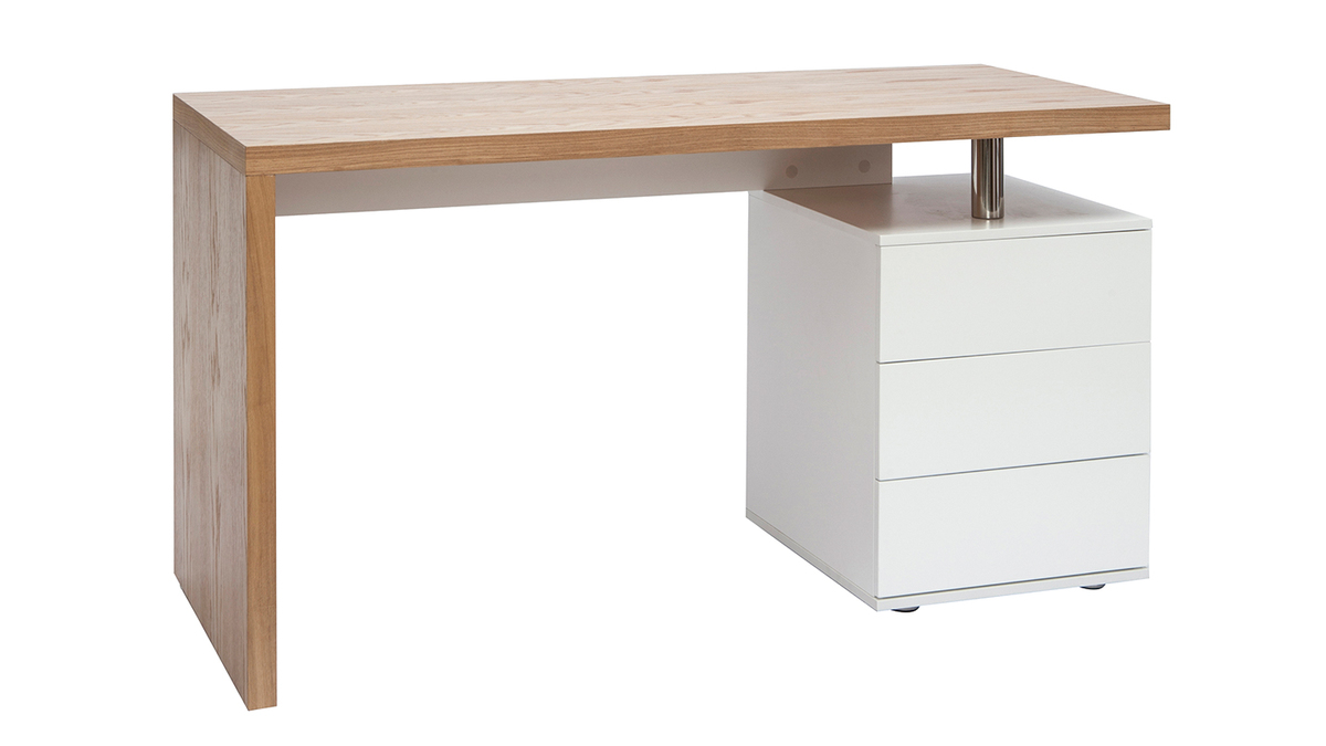 Bureau avec rangements 3 tiroirs design bois clair chne et blanc L140 cm CALIX