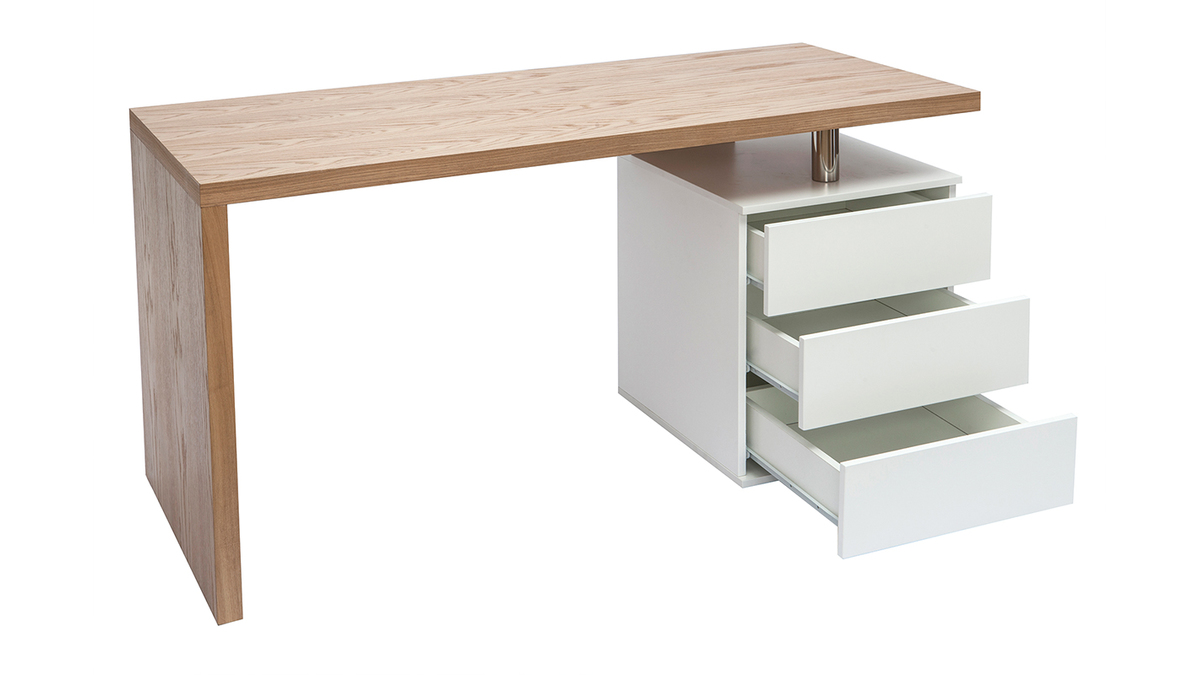 Bureau avec rangements 3 tiroirs design bois clair chêne et blanc L140 cm CALIX
