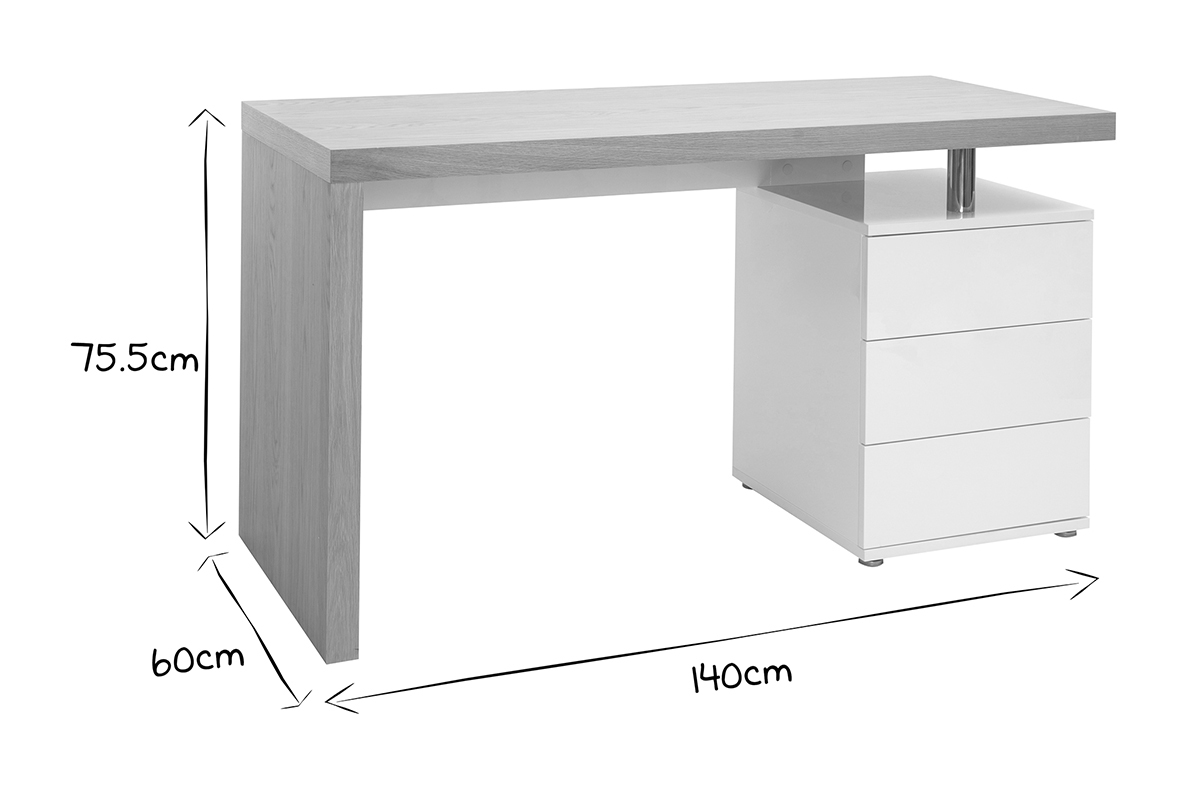 Bureau avec rangements 3 tiroirs design bois clair chne et blanc L140 cm CALIX