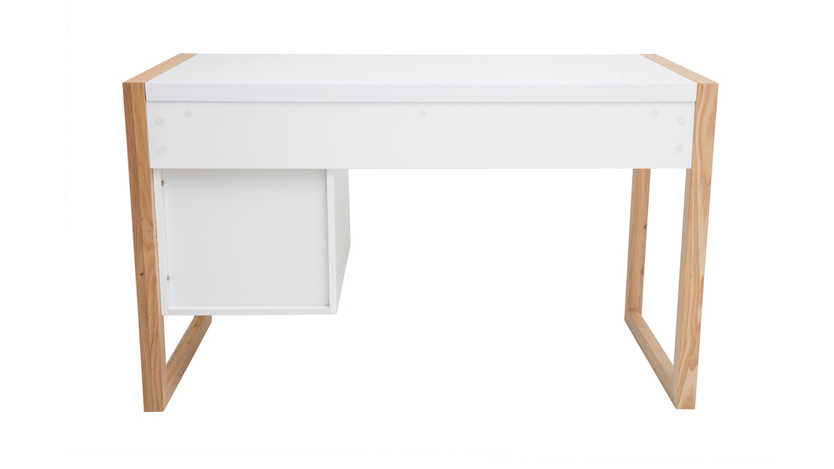 Bureau avec rangements 3 tiroirs scandinave blanc mat et bois clair chne massif L130 cm ARMEL