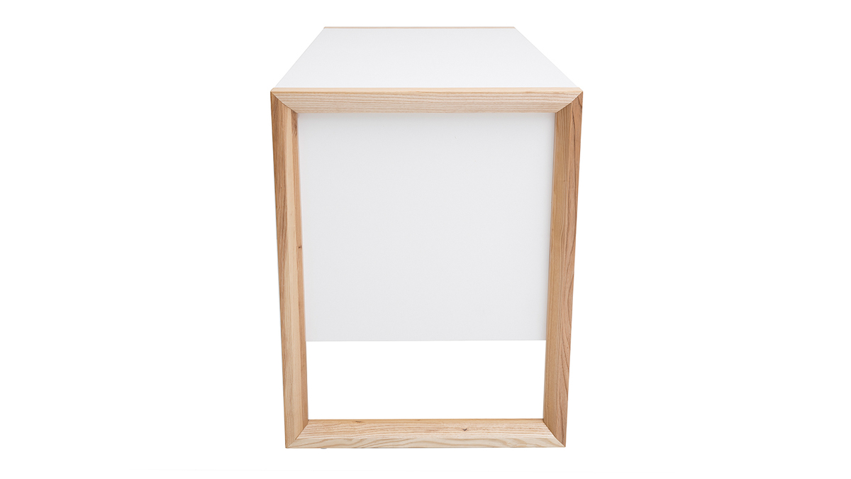 Bureau avec rangements 3 tiroirs scandinave blanc mat et bois clair chne massif L130 cm ARMEL