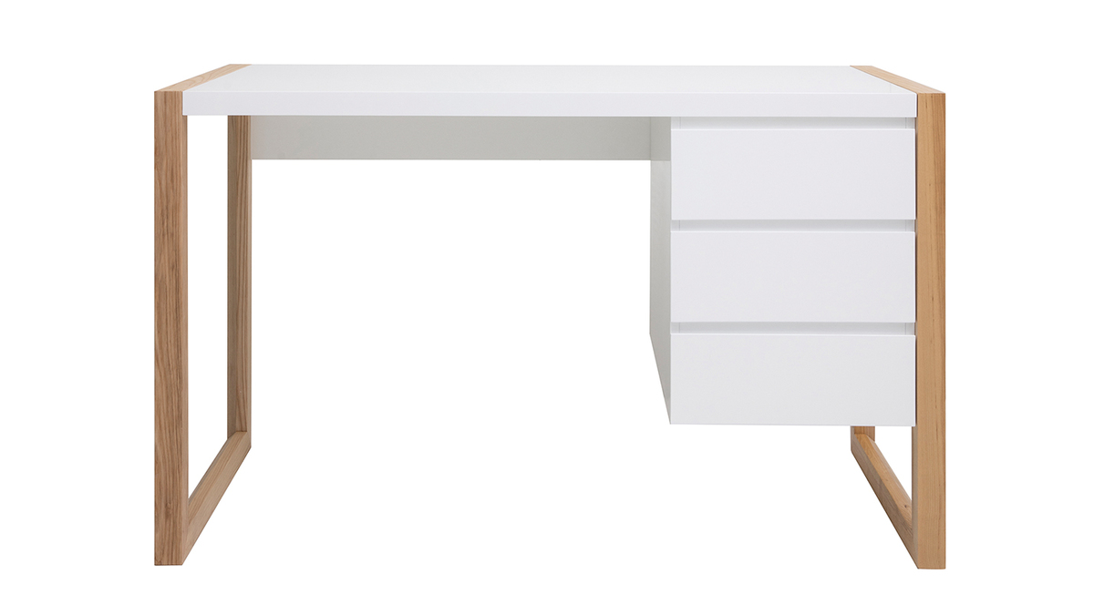 Bureau avec rangements 3 tiroirs scandinave blanc mat et bois clair frêne massif L130 cm ARMEL
