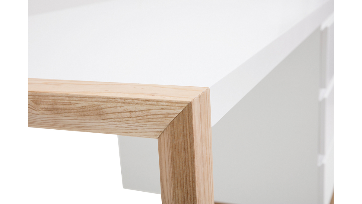 Bureau avec rangements 3 tiroirs scandinave blanc mat et bois clair frêne massif L130 cm ARMEL