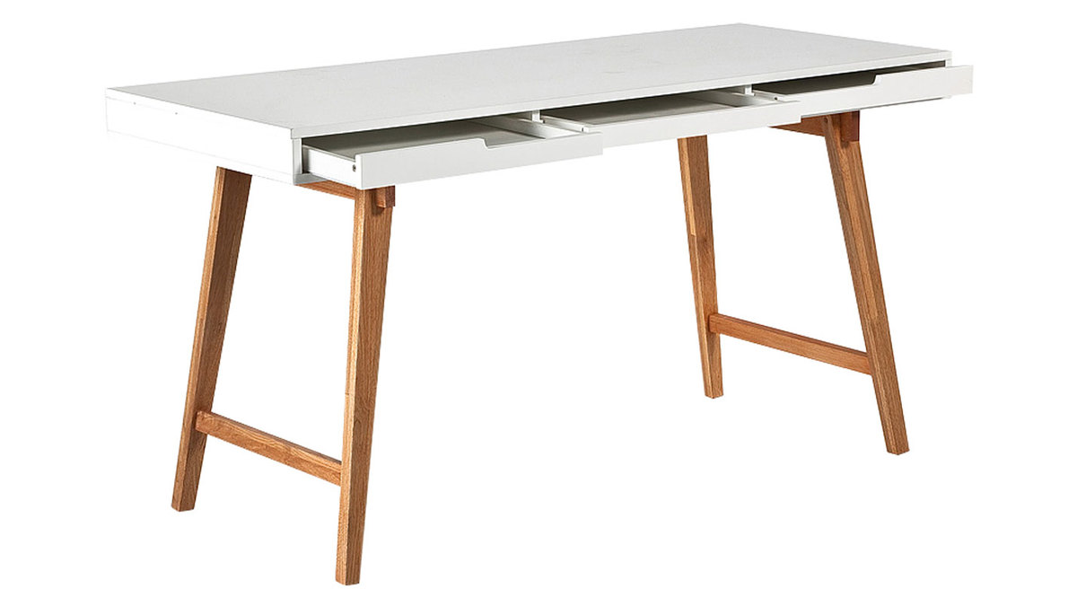 Bureau avec rangements 3 tiroirs scandinave blanc mat et bois clair massif L140 ESKA