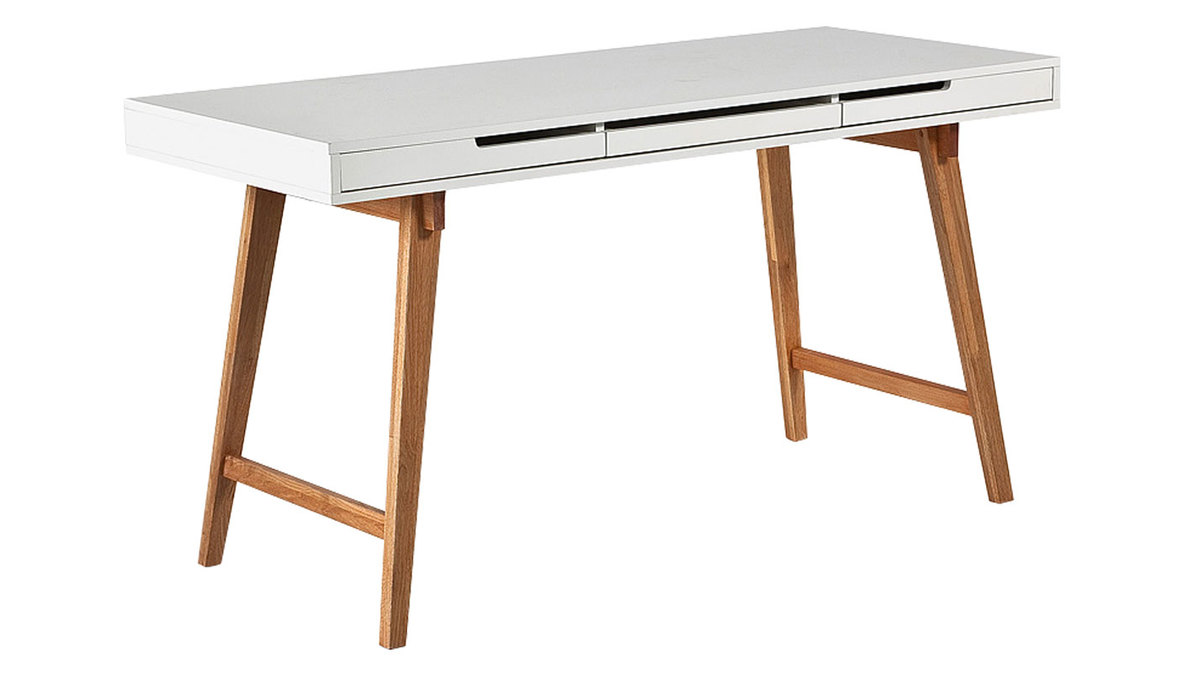 Bureau avec rangements 3 tiroirs scandinave blanc mat et bois clair massif L140 ESKA